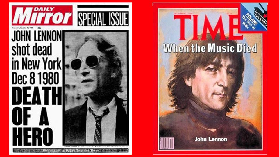 1980 - A morte de John Lennon na primeira página do jornal "Daily Mirror" e na capa da revista "Time" 